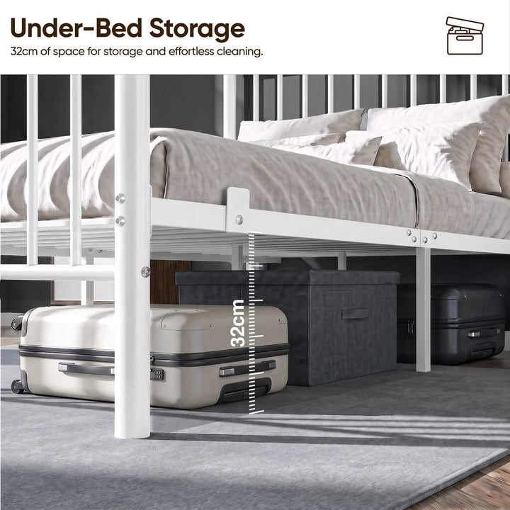 [White | King] King bed showing 32cm under-bed clearance with a cream suitcase & dark storage box beneath the metal bed frame