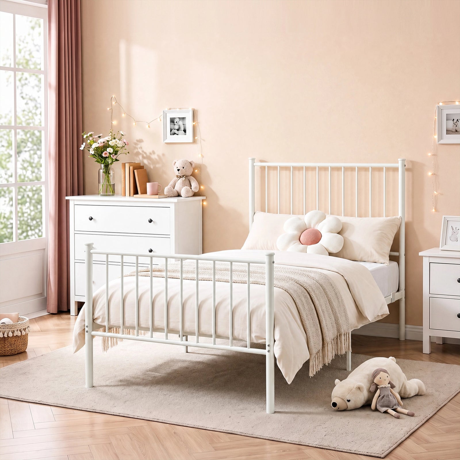 [White | Single] Metal bed styled with white bedding, flower cushion, beige throw, dresser, teddy, doll and string lights.