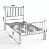 [White | Single] Metal single bed size guide showing 100cm wide, 196cm long, 113cm headboard, 73cm footboard & 32cm clearance