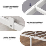 [White | Single] Bed features showing U-shaped groove, anti-slip mattress support & folding metal slats for quicker assembly.