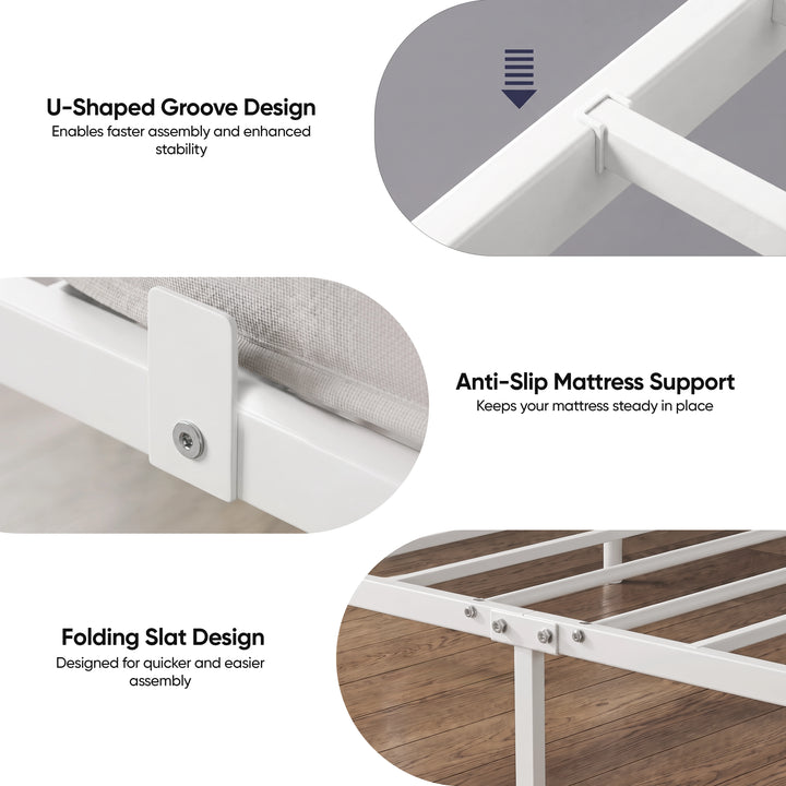 [White | Single] Bed features showing U-shaped groove, anti-slip mattress support & folding metal slats for quicker assembly.