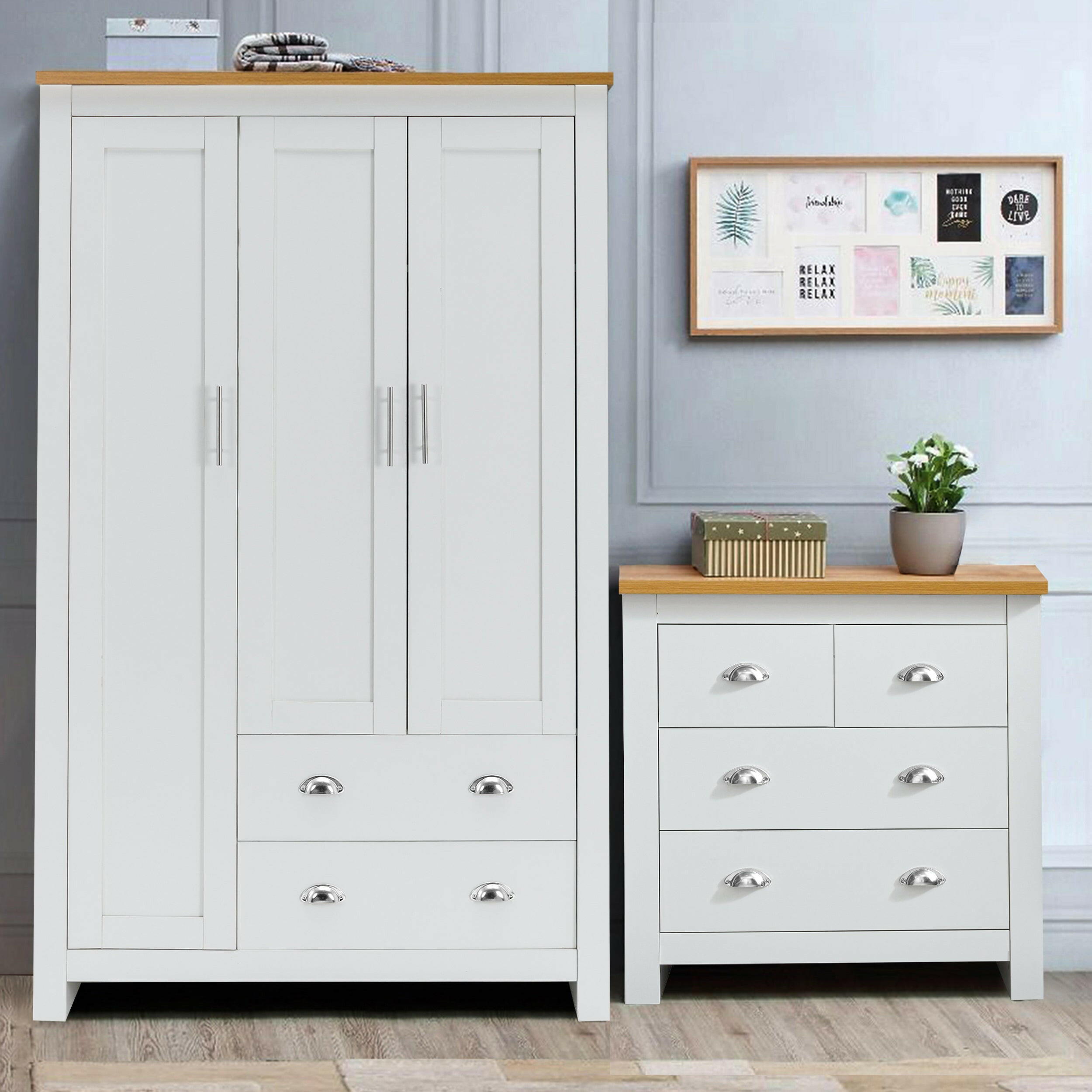 White wardrobe and chest of drawers set with modern design and silver handles