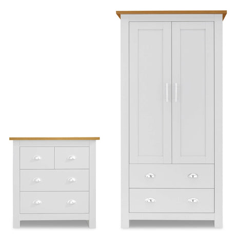 White wardrobe and chest of drawers with wooden tops, providing stylish storage for modern bedrooms.