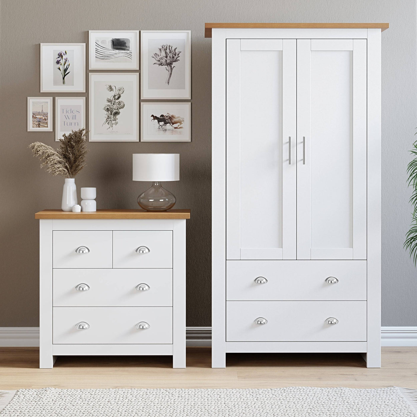 White wardrobe and chest of drawers set, providing stylish and spacious storage for bedrooms