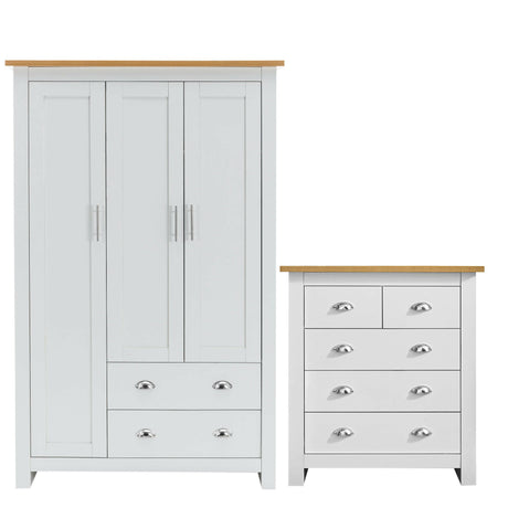 White wardrobe furniture set with wardrobe and dresser, featuring chrome handles and wooden tops.