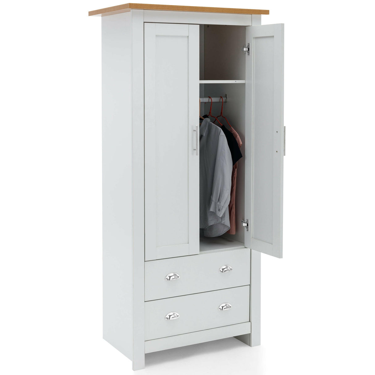 White wardrobe uk with two doors and two drawers, featuring a wooden top.