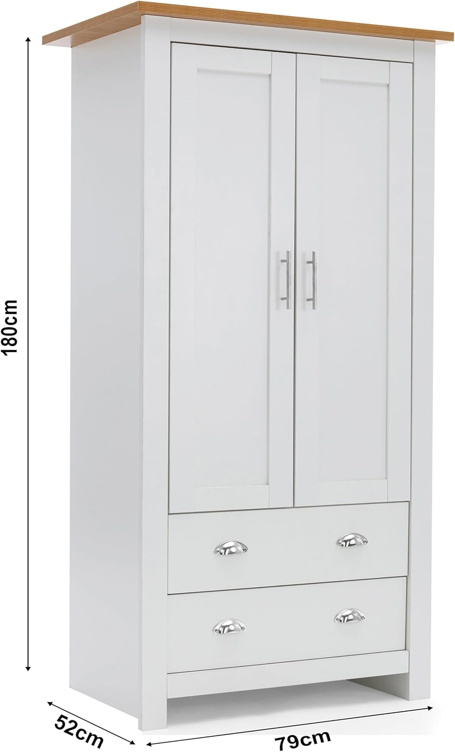 White wardrobe with 2 doors. dimensions 180cm x 79cm x 52cm, modern design with wooden top