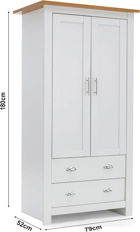 White wardrobe with 2 doors, featuring dimensions 180cm x 52cm x 79cm.