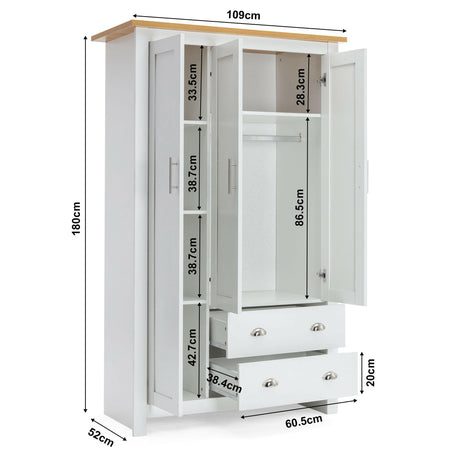 White wardrobe with detailed dimensions: 180cm height, 109cm width, and 52cm depth.