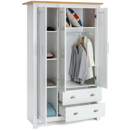 White wardrobe with oak top, open doors revealing shelves and hanging space with two drawers.