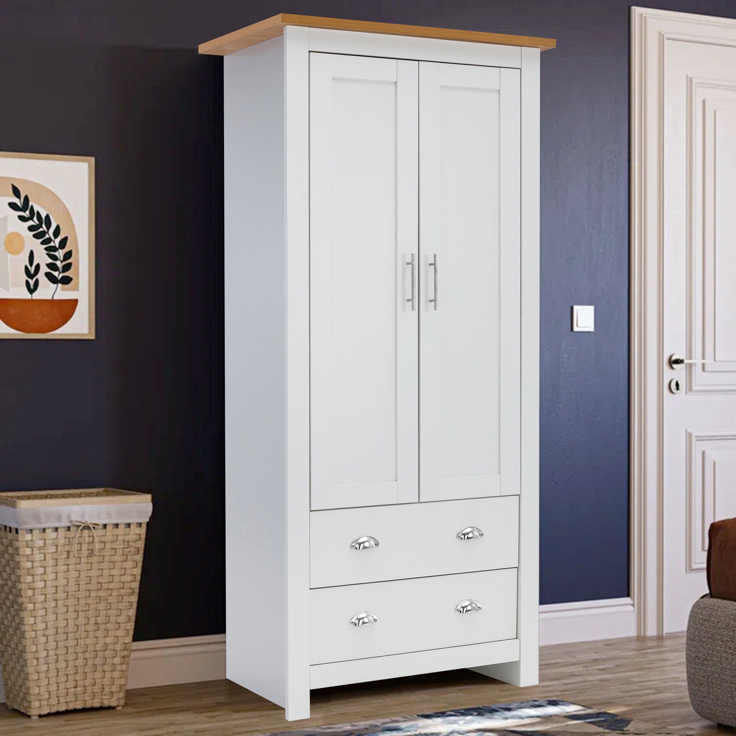 White wardrobe with oak top and chrome handles, featuring two doors and two spacious drawers.