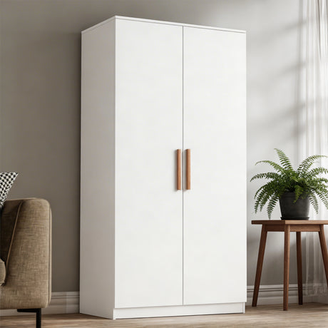 [White] wardrobe with wooden handles in a room with a chair and plant