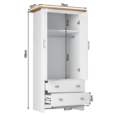 White wardrobes UK with dimensions 180cm x 52cm x 79cm and ample storage space.
