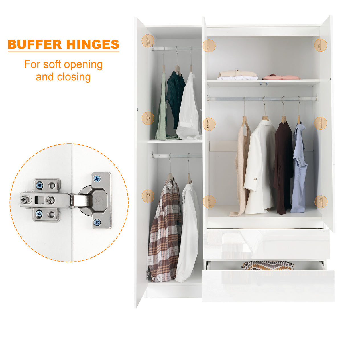 White wardrobes with buffer hinges for smooth, quiet door operation and stylish design.