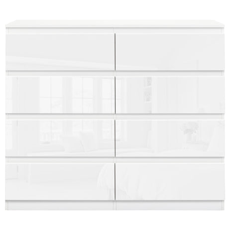 White wide chest of drawers with high gloss finish, modern bedroom storage unit.