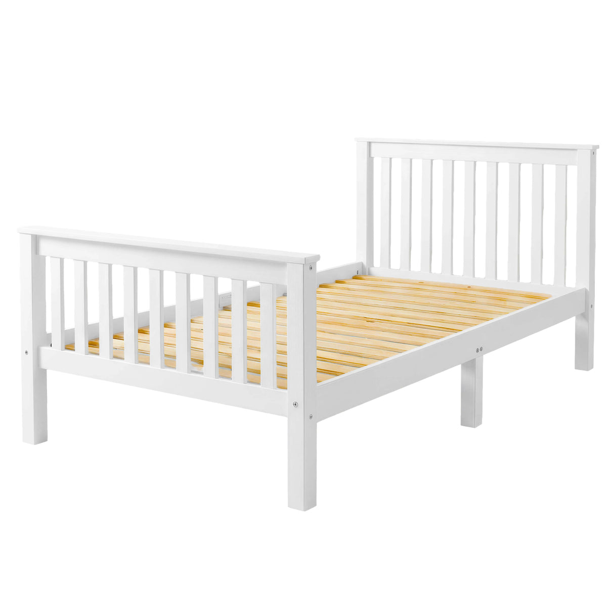 Simple white wooden single bed frame with slatted base, designed for comfortable sleeping and mattress support