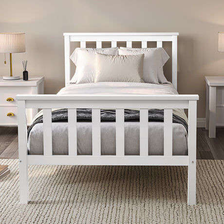 White wooden single bed, offering a stylish and durable design for a cozy bedroom.