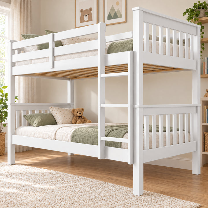 [White] Bedroom view showing the bunk bed with bedding, pillows, a teddy bear, ladder, upper rails, and framed art.