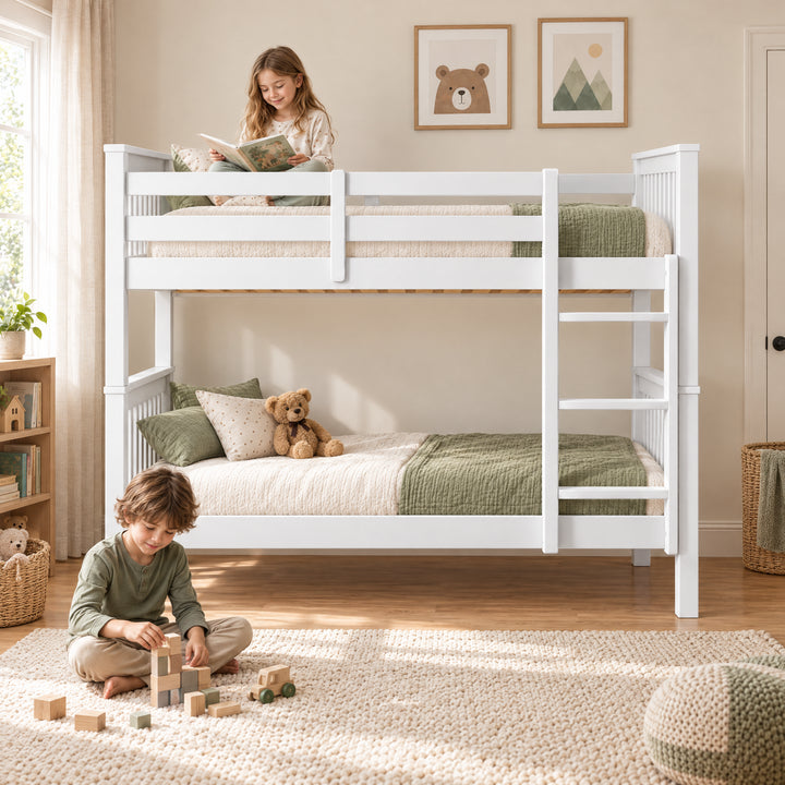 [White] Bedroom scene showing a child reading on the upper bunk, another playing on a rug, bedding, guard rails, and ladder.