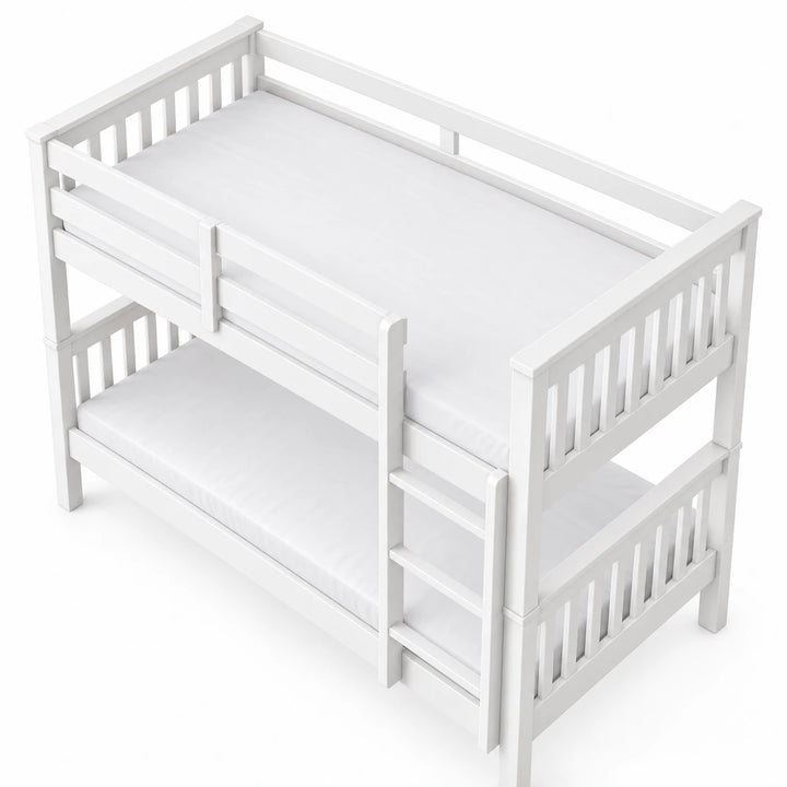 [White] High angle view from above showing both bunk mattresses, upper guard rails, the ladder and slatted end panels