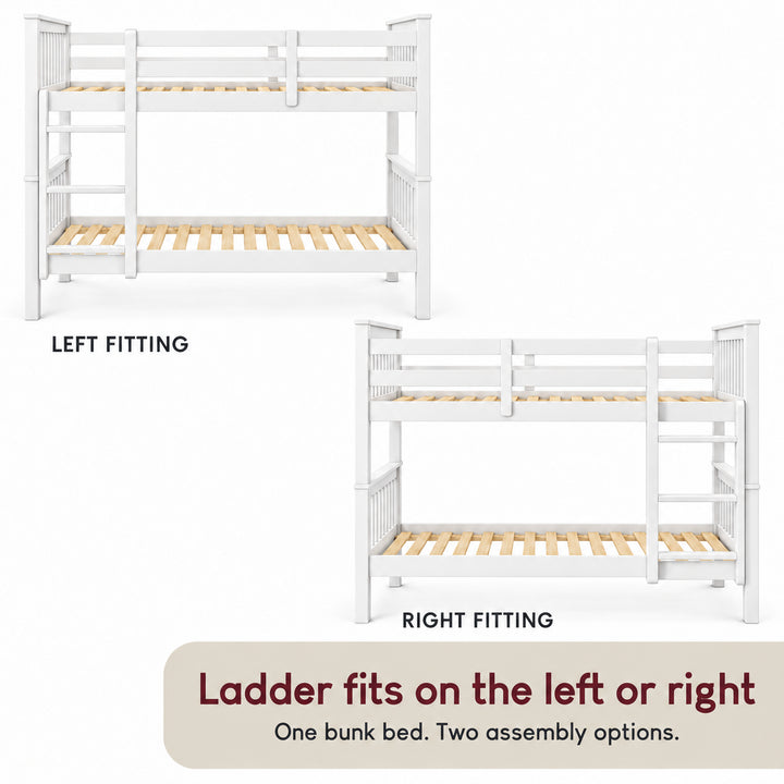 [White] Assembly guide showing the bunk bed with left and right ladder positions, upper guard rails, and exposed slats.
