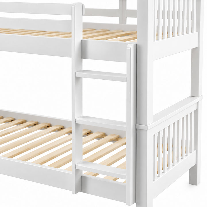[White] Ladder close-up showing rungs, square side posts, slatted end panels, upper rail joints, and lower wooden slats.