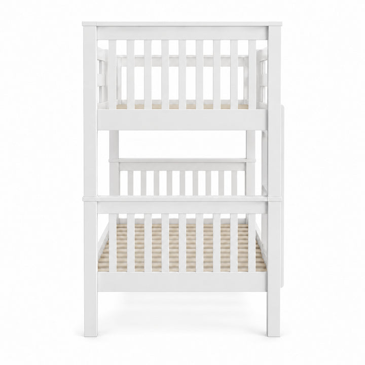 [White] Straight end view showing vertical end slats, square posts, both bunk levels, and the exposed lower base.