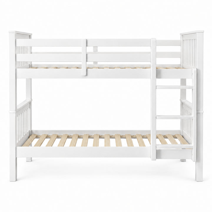 [White] Front view of the bunk bed showing ladder rungs, upper guard rails, slatted ends, and both slatted bases.