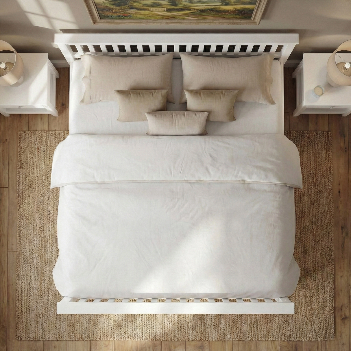 Top-down view of a neatly made wooden double bed with white bedding and beige pillows in a bedroom setting