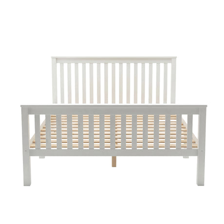 White solid pine wood bed frame in double with slatted headboard and footboard for perfect mattress support