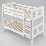 [White] Angled view of the bunk bed frame showing ladder placement, slatted ends and upper safety rails