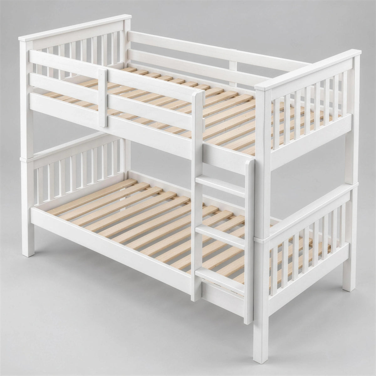 [White] Angled view of the bunk bed frame showing ladder placement, slatted ends and upper safety rails