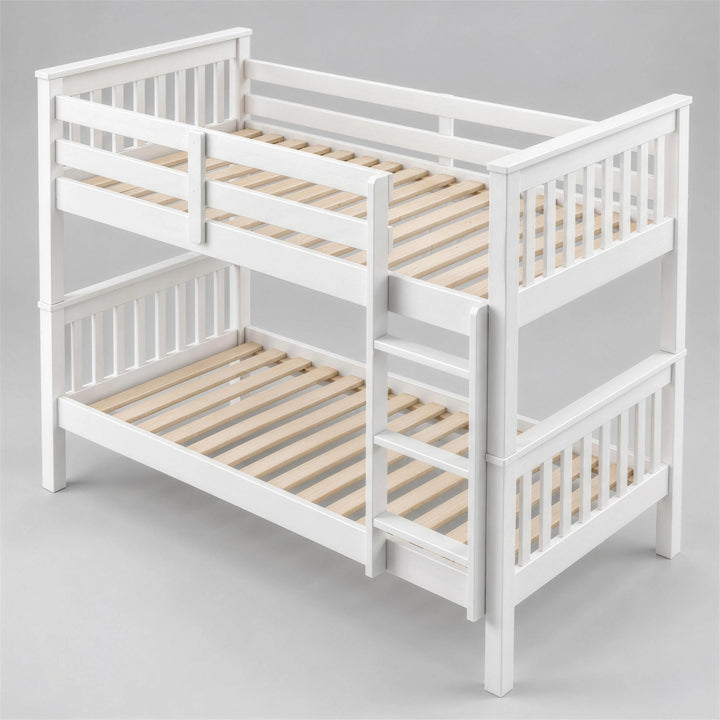 [White] Angled view of the bunk bed frame showing ladder placement, slatted ends and upper safety rails