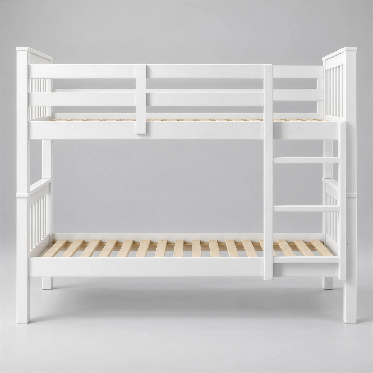 [White] Straight front view of the bunk bed frame showing ladder, upper guard rails and lower slatted base