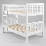 [White] Rear corner view of the bunk bed showing tall slatted end panels, ladder and lower sleeping area