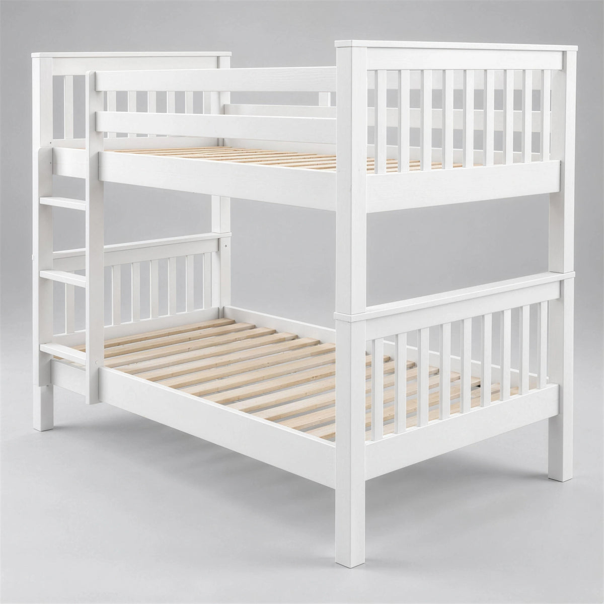 [White] Rear corner view of the bunk bed showing tall slatted end panels, ladder and lower sleeping area