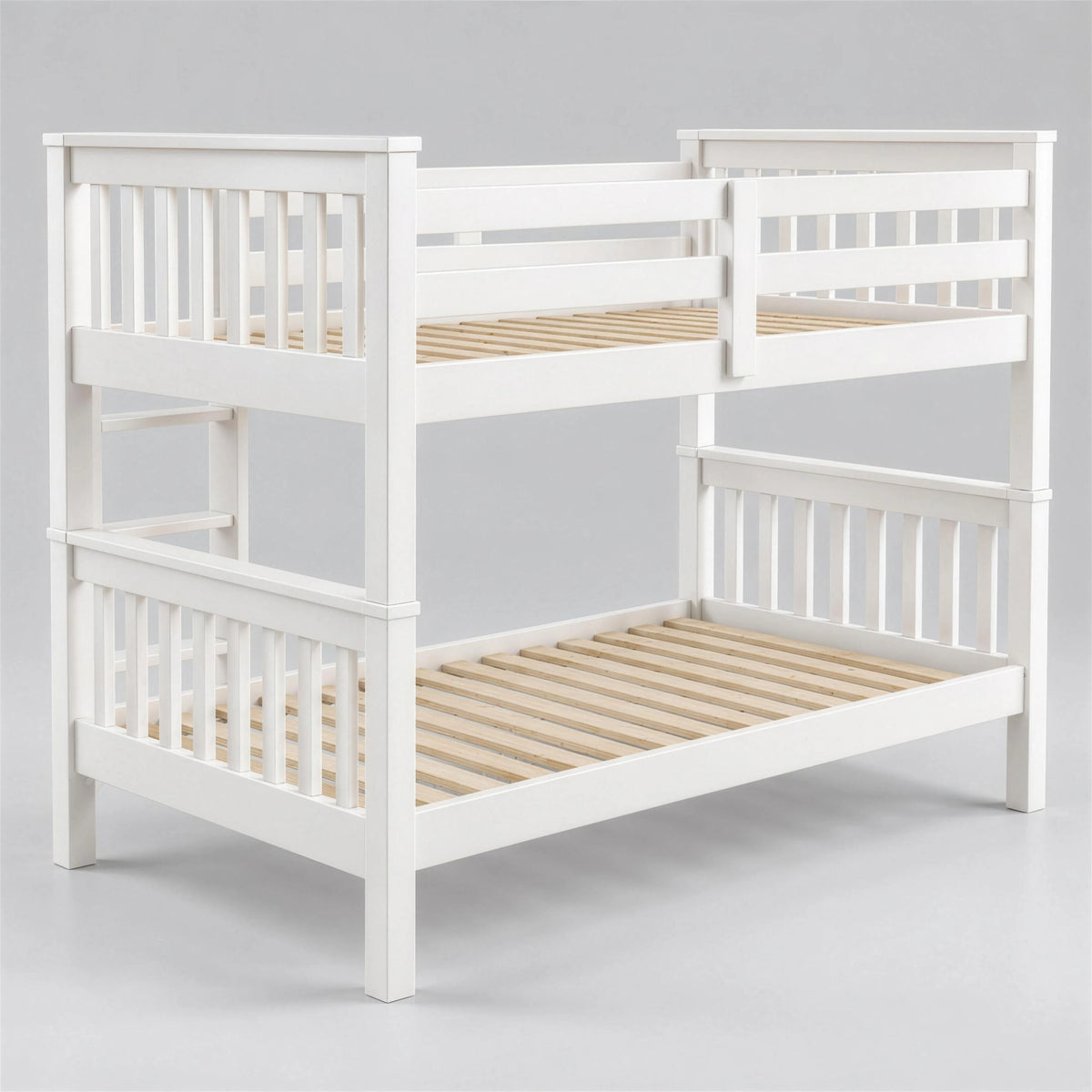 [White] Side angle of the bunk bed showing ladder access, raised guard rails and lower slatted platform