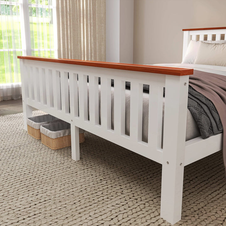[White + Pine | King] Close-up white shaker headboard with vertical slats and pine top rail on king size wooden bed frame