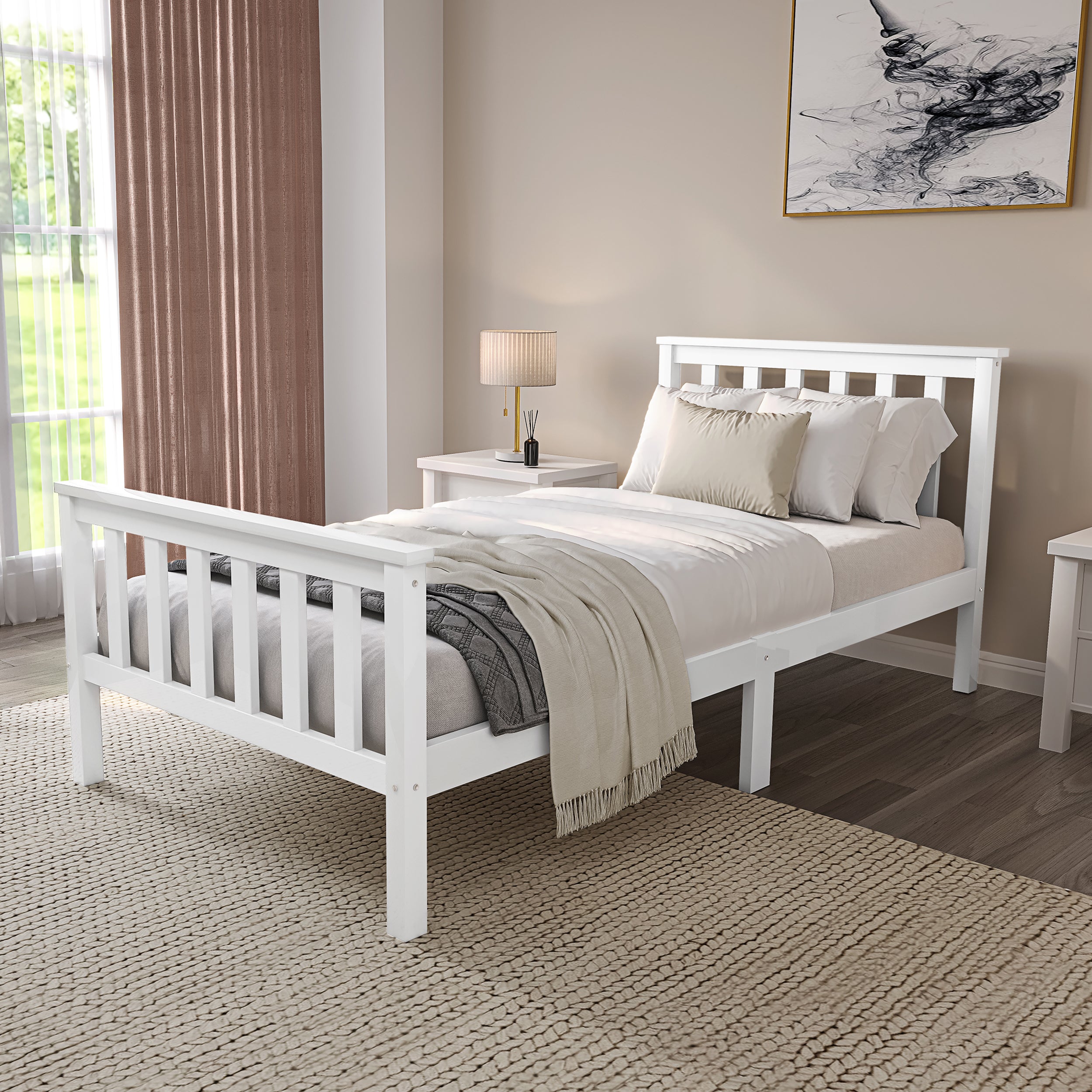 White wooden single bed with mattress, offering a stylish and comfortable sleeping for bedroom.