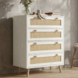 [White] Woven Rattan 4 Drawer Chest of Drawers, White shown from a classic angled perspective against a neutral textured wall.