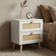 [White] Wovena 2 drawer bedside table styled beside bed with vase and clock decor