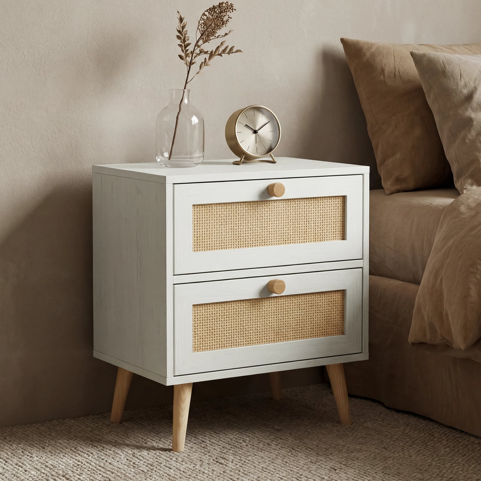 [White] Wovena 2 drawer bedside table styled beside bed with vase and clock decor