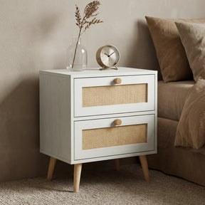 [White] Wovena 2 drawer bedside table styled beside bed with vase and clock decor