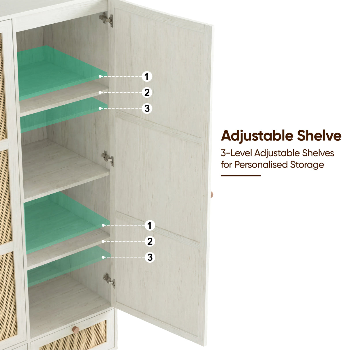 [White] Wovena 3 door wardrobe open interior showing three highlighted adjustable shelves for personalised storage