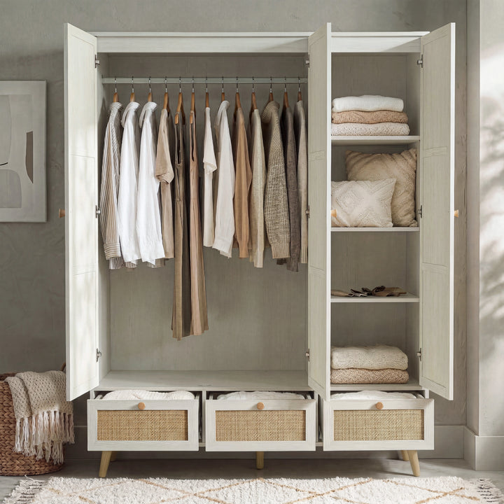 [White] Wovena rattan bedroom furniture set wardrobe doors open exposing rail, shelves and rattan drawers