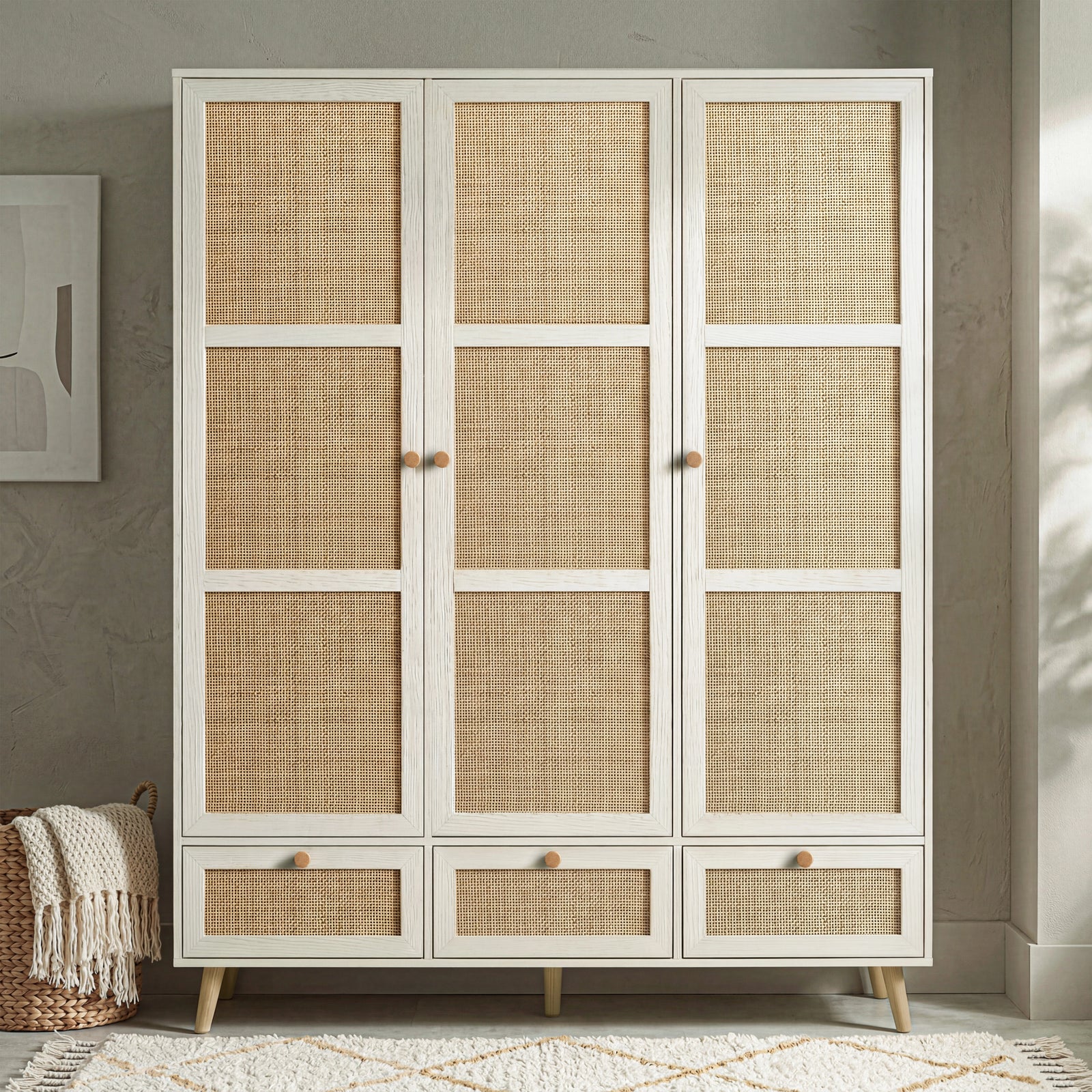 [White] Three-door Wovena rattan wardrobe with pine round knobs lined up across upper doors and lower drawers