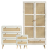 [White] Wovena 3-piece bedroom set cutout showing wardrobe, three-drawer chest, and bedside table with rattan panels