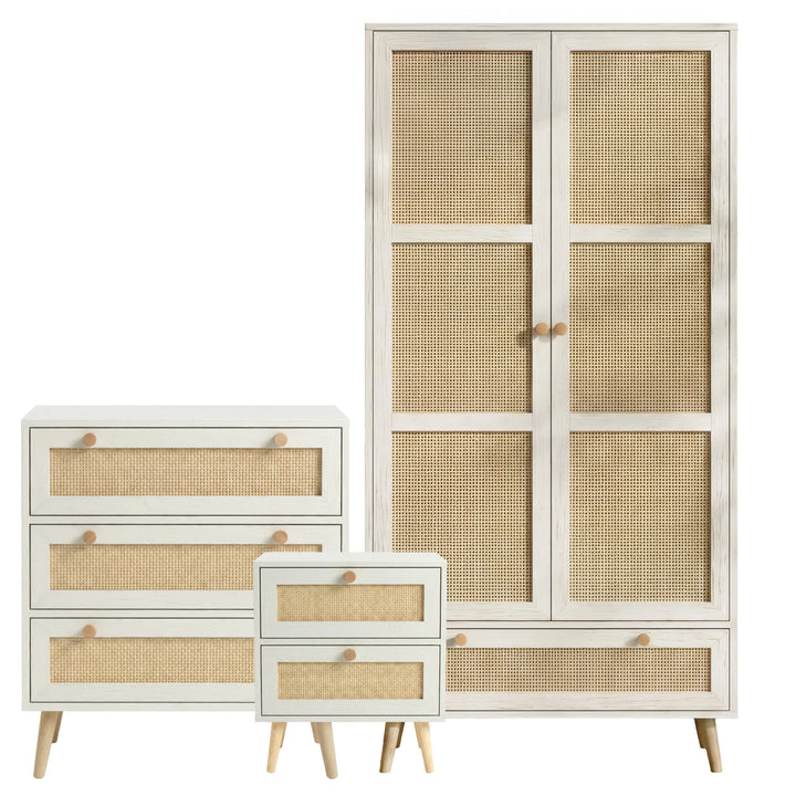 [White] Wovena rattan bedroom furniture set cutout: 2 door wardrobe, 3 drawer chest, 2 drawer bedside