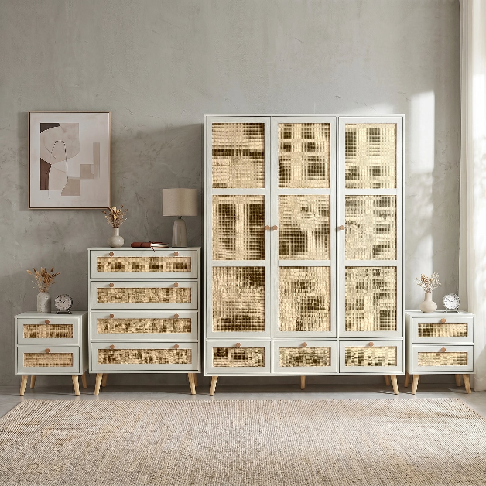[White] Wovena rattan bedroom furniture set: 3 door wardrobe, 4 drawer chest and two bedsides side by side