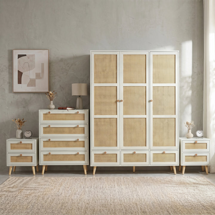 [White] Wovena rattan bedroom furniture set: 3 door wardrobe, 4 drawer chest and two bedsides side by side